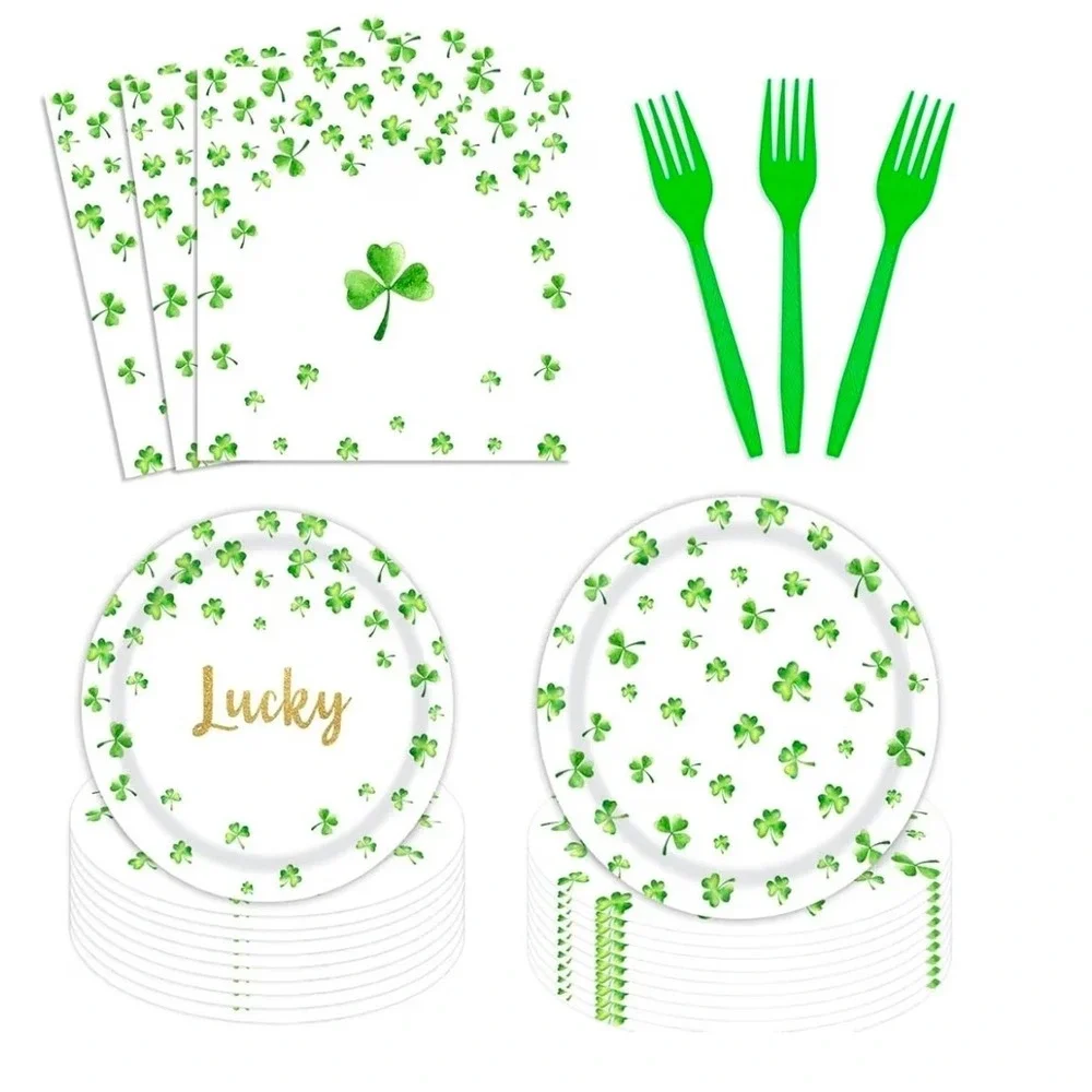 96pc St Patricks Day Party Supplies Set Green Shamrock Plates Napkins Forks